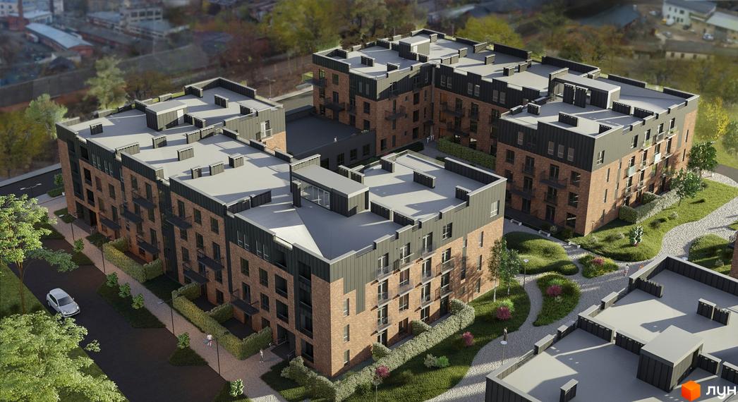 Житловий комплекс Клубне містечко 12 - це сучасна новобудова з цегляним фасадом та сірим дахом. Територія навколо комплексу озеленена з доріжками та кущами.