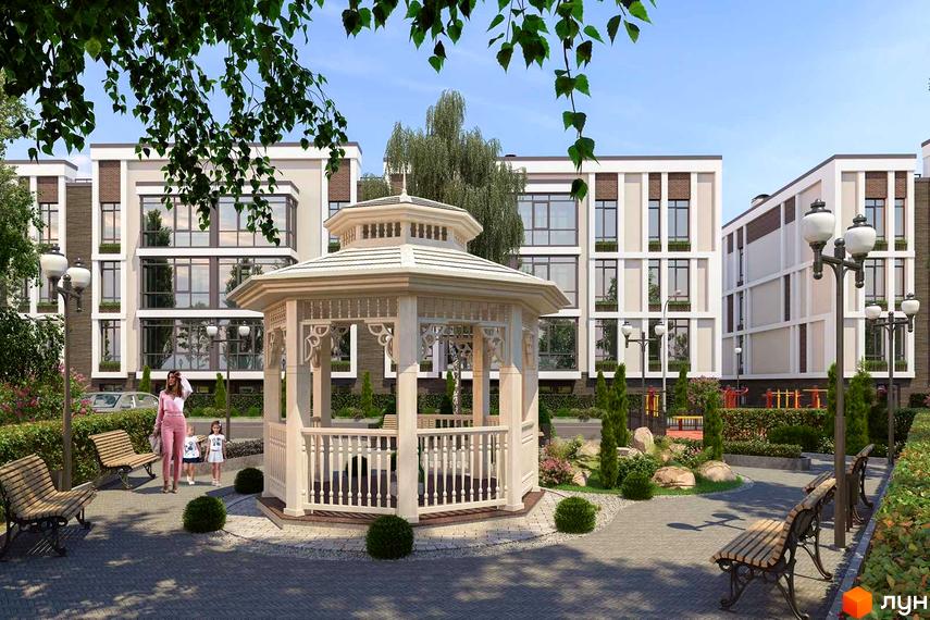 Зовнішній вигляд житлового комплексу Гостомельські Липки-5 з альтанкою та лавками на прибудинковій території. Сучасна архітектура новобудови та зелена зона для відпочинку.