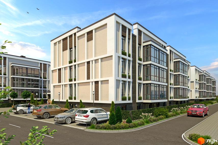 Зовнішній вигляд новобудови ЖК Гостомельські Липки-5 з паркуванням та зеленими насадженнями. Сучасна архітектура та комфортне проживання.