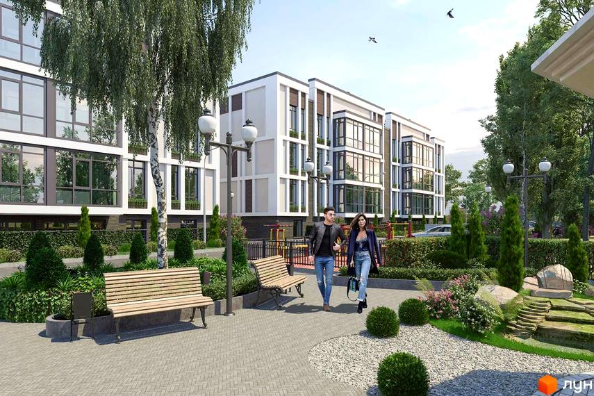 Житловий комплекс Гостомельські Липки-5: багатоповерхові будівлі з великими вікнами та контрастними фасадами. Прибудинкова територія озеленена, є лавки та ліхтарі.