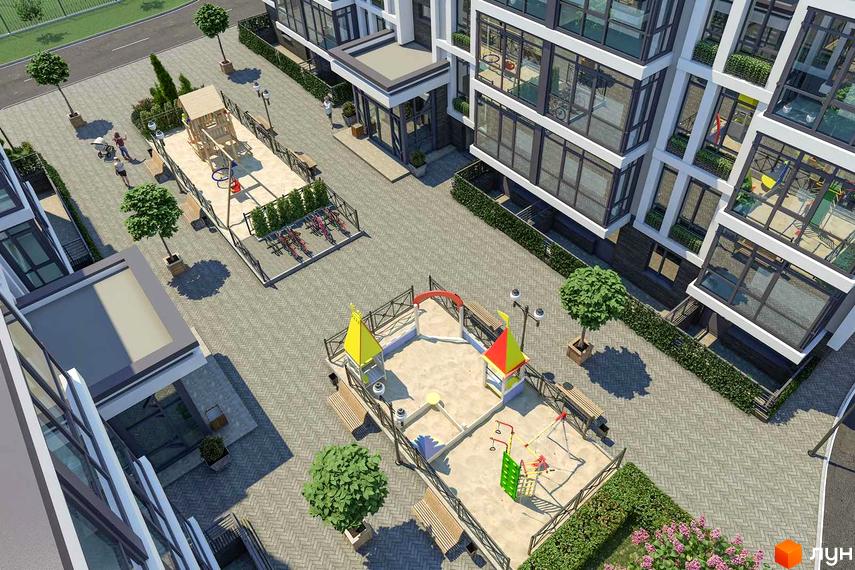 Зовнішній вигляд новобудови ЖК Гостомельські Липки-5 з дитячими майданчиками та зонами відпочинку на прибудинковій території.