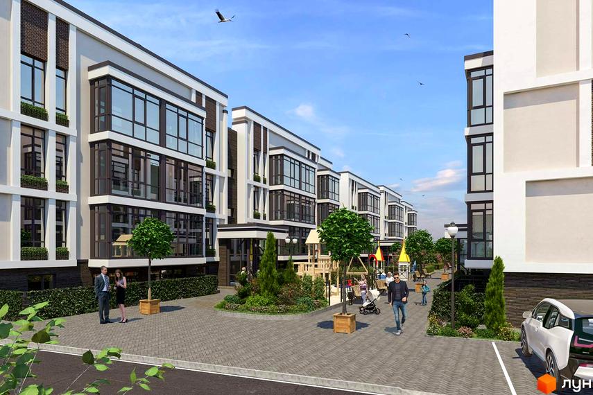 Зовнішній вигляд будинків ЖК Гостомельські Липки-5 з великими вікнами та прибудинковою територією з дитячим майданчиком. Сучасна архітектура новобудови та зелена зона.