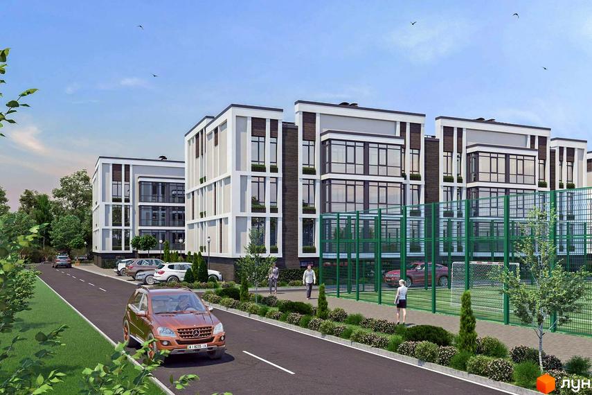 Житловий комплекс Гостомельські Липки-5 з фасадами білого кольору та великими вікнами. Поруч розташовані спортивні майданчики та зелена зона.