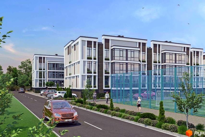 Новобудова ЖК Гостомельські Липки-5 з сучасним фасадом та великими вікнами, поруч спортивний майданчик та зелена зона. На території комплексу є парковка та місця для відпочинку.