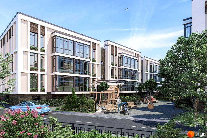 Житловий комплекс Гостомельські Липки-5. Фасади будинків з великими вікнами, прибудинкова територія з дитячим майданчиком та зонами відпочинку.