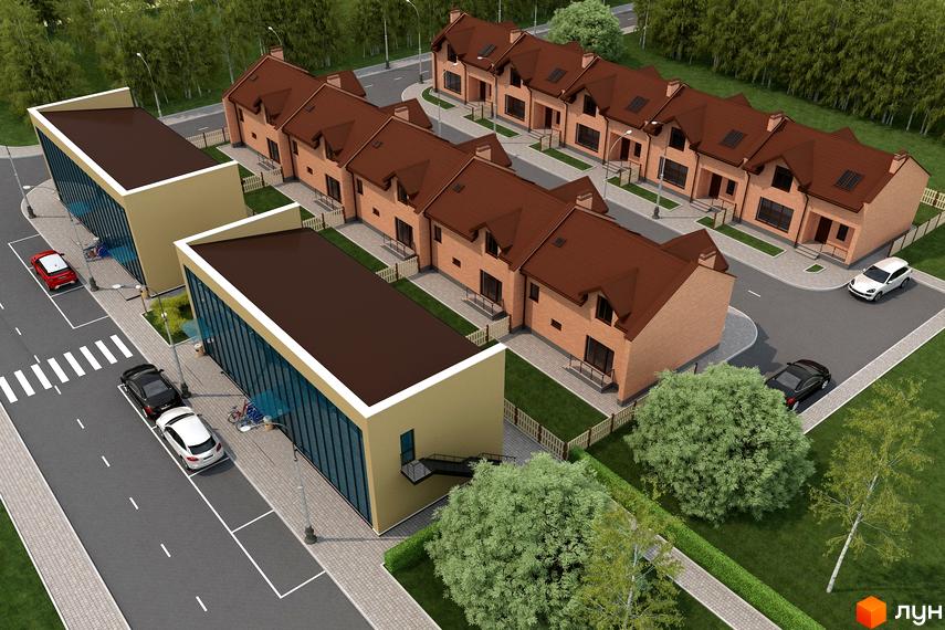 Таунхауси Sun House: двоповерхові цегляні будинки з коричневими дахами та прибудинковою територією з зеленими насадженнями та парковкою.