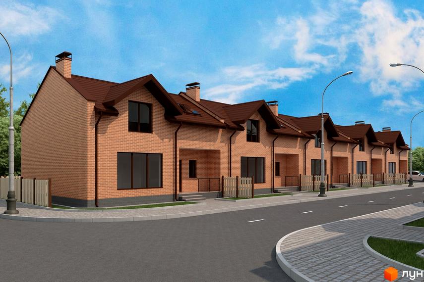 Таунхауси Sun House з цегляним фасадом та коричневим дахом, розташовані вздовж вулиці з тротуаром та вуличним освітленням.