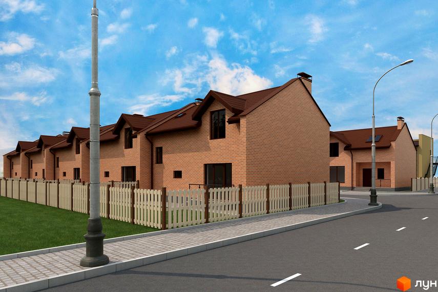 Зовнішній вигляд таунхаусів Sun House з цегляним фасадом та коричневим дахом, огороджених світлим парканом, на фоні блакитного неба з хмарами.