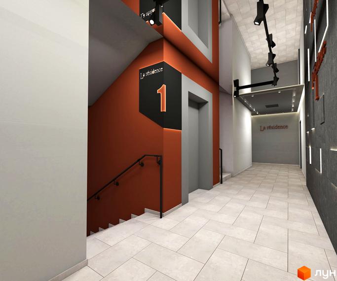Інтер'єр першого поверху житлового комплексу SilverPark з ліфтом та сходами. Дизайн виконаний у помаранчевих та сірих тонах.