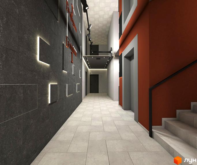 Сучасний інтер'єр холу житлового комплексу SilverPark з темними та помаранчевими акцентами, підсвіченими елементами на стінах та плиткою на підлозі.