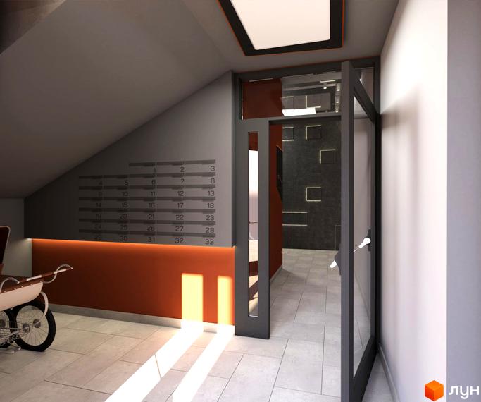 Житловий комплекс SilverPark: вхідна група з поштовими скриньками та дитячим візком. Оздоблення стін та підлоги.