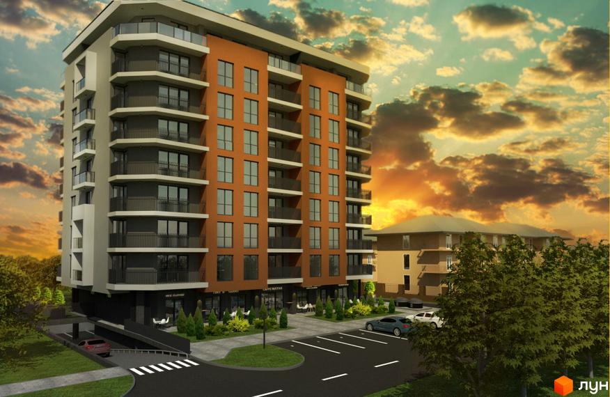 Житловий комплекс SilverPark. Сучасна архітектура будинку з балконами та паркомісцями навколо.