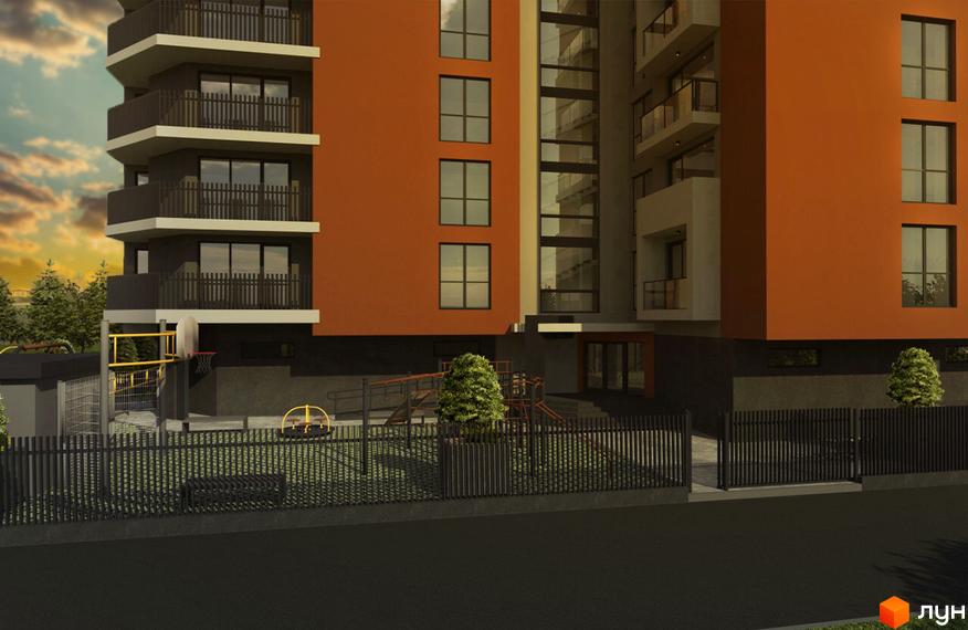 Житловий комплекс SilverPark з оранжевим фасадом, балконами та дитячим майданчиком. Зовнішній вигляд новобудови та прибудинкової території.