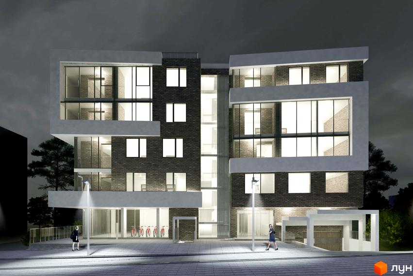 Зовнішній вигляд новобудови ЖК Center з цегляним фасадом та великими вікнами. Біля будинку розташована прибудинкова територія з велосипедами та освітленням.