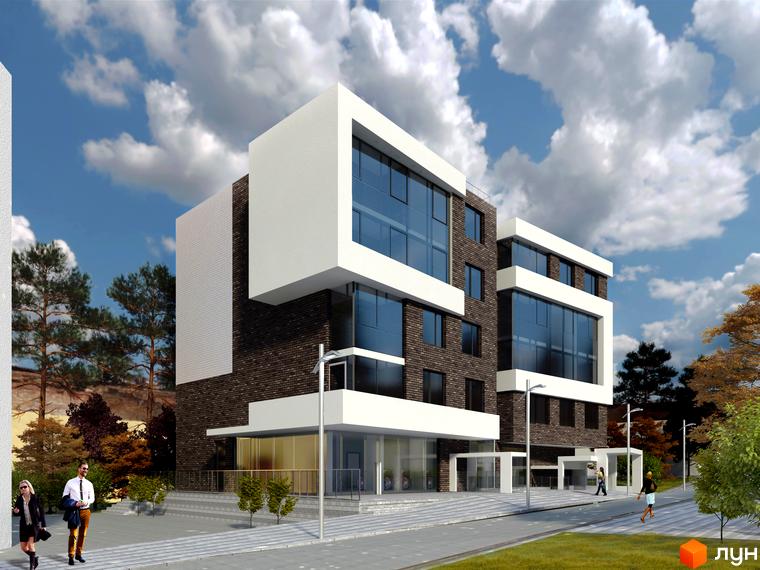 Зовнішній вигляд ЖК Center: двосекційна будівля з білими та цегляними фасадами, великими вікнами та прибудинковою територією з деревами та пішохідними доріжками.