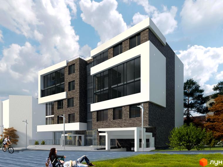 Зовнішній вигляд новобудови ЖК Center з цегляним фасадом та великими вікнами, поруч зелена зона та люди відпочивають на траві.