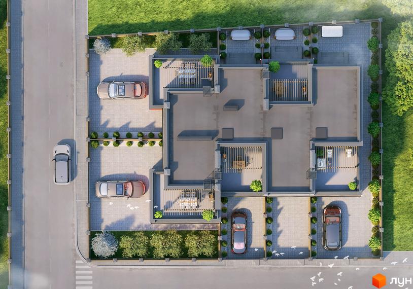Таунхауси Old Stories: вид зверху на будинок з прибудинковою територією, парковкою та зеленими насадженнями. Огляньте планування та дизайн.