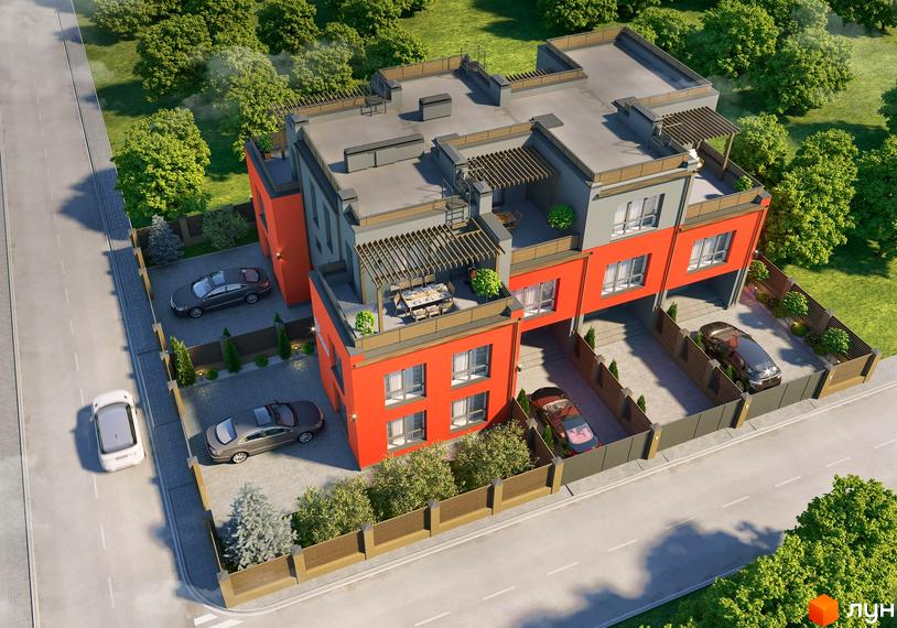 Таунхауси Old Stories з червоним фасадом та сірими елементами, з терасами та паркінгом. На прибудинковій території зелені насадження та паркувальні місця.