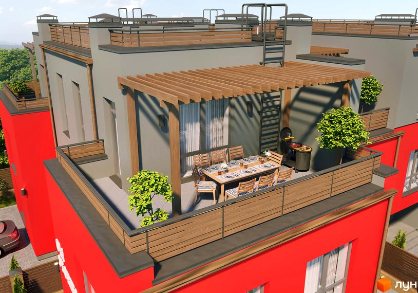 Таунхауси Old Stories: тераса з обіднім столом, грилем та зеленню на даху. Зовнішній вигляд будинку з червоним фасадом та сірими елементами.