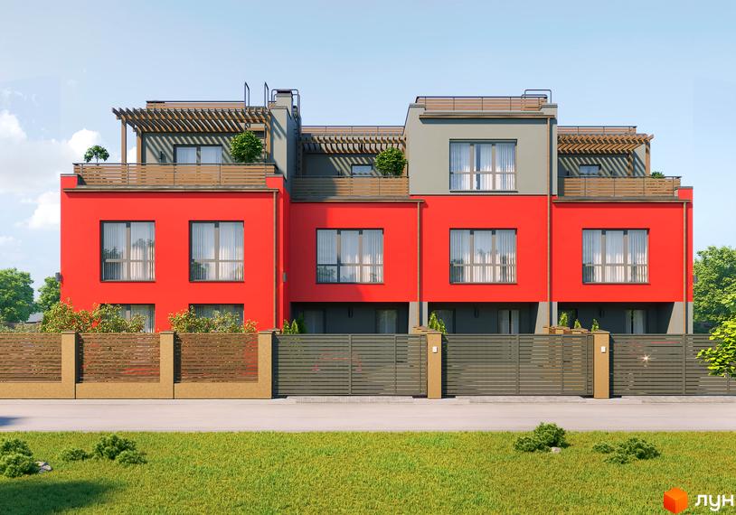 Таунхауси Old Stories з червоним фасадом та сірими елементами. Перед будинками розташований паркан та зелена зона.
