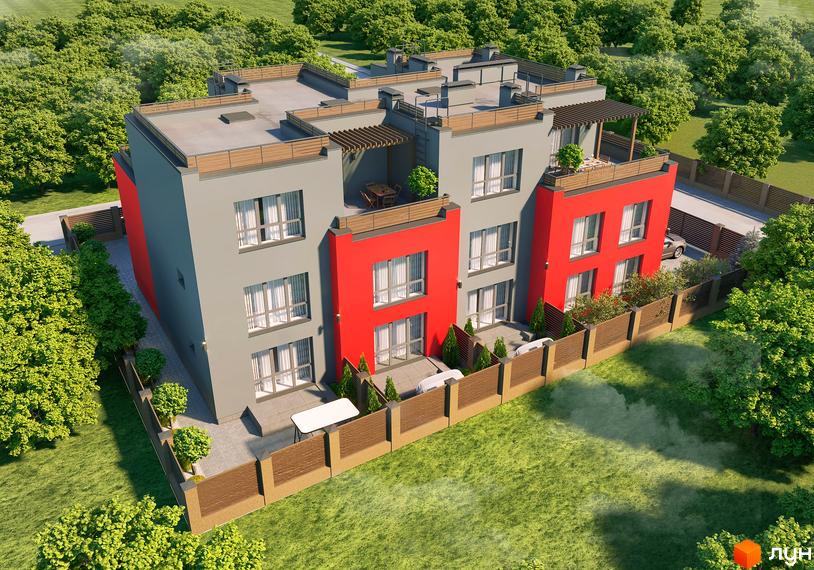 Таунхауси Old Stories - це сучасна новобудова з червоними та сірими фасадами, розташована серед зелених дерев. На прибудинковій території є паркан та зелений газон.