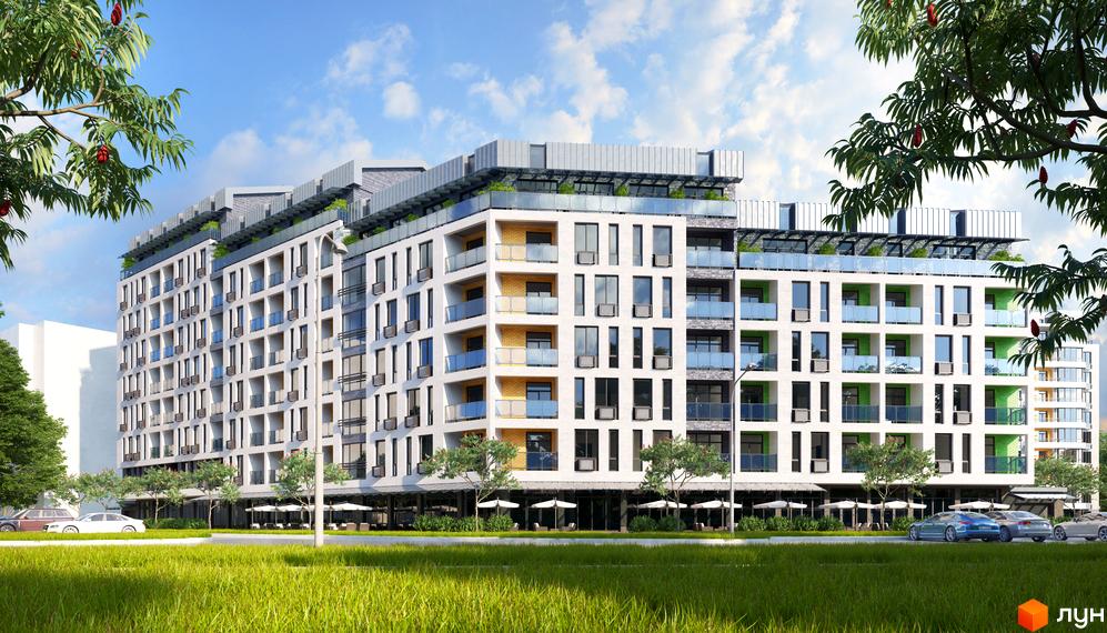 Житловий комплекс Barbara - це сучасна новобудова з панорамними вікнами та балконами, розташована на фоні доглянутої прибудинкової території з газоном та деревами.