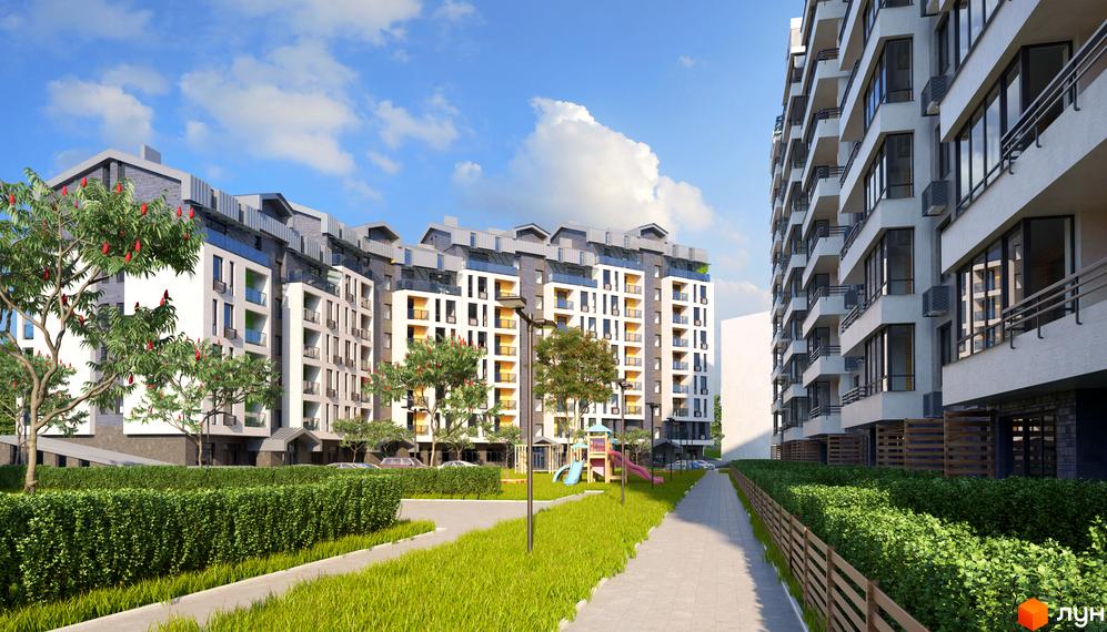 Житловий комплекс Barbara. Зовнішній вигляд будівель з балконами, вікнами та дахом. Прибудинкова територія з деревами, кущами та дитячим майданчиком.