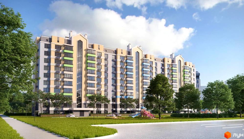 Житловий комплекс Barbara - це багатоповерхова новобудова з яскравими фасадами та балконами, розташована біля зеленої зони з дитячим майданчиком.