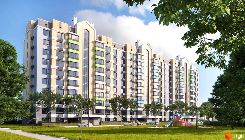 Зовнішній вигляд житлового комплексу Barbara з фасадами різних кольорів та балконами. Прибудинкова територія з газоном, деревами та дитячим майданчиком.