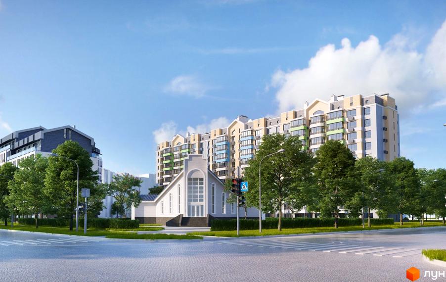 Житловий комплекс Barbara. Зовнішній вигляд багатоповерхових будинків з різнокольоровими фасадами та прибудинковою територією з деревами та пішохідним переходом.