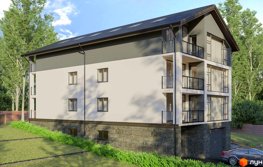 Зовнішній вигляд триповерхового будинку з балконами та великими вікнами на вулиці Автокразівський, 65. Навколо будинку зелена територія з деревами та травою.