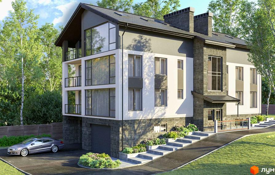 Зовнішній вигляд триповерхового будинку з великими вікнами та балконами, прибудинкова територія з доглянутими клумбами та під'їзною дорогою.