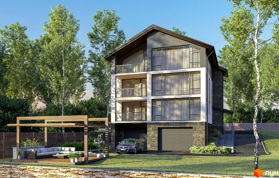 Триповерховий будинок з балконами та великими вікнами, розташований біля зеленої зони з терасою та зоною відпочинку.