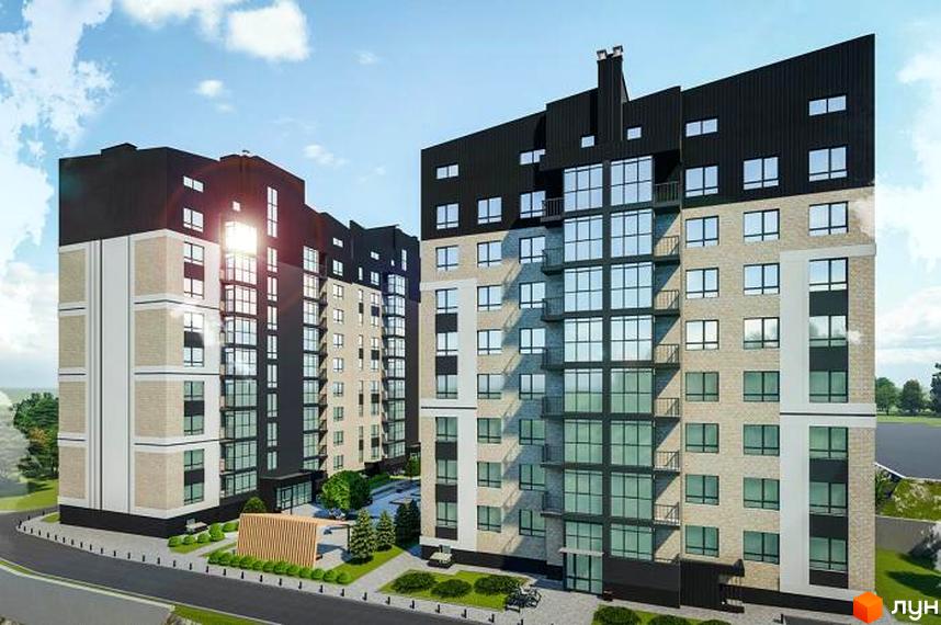 Новобудова на вул. Панаса Мирного, 20/2. Будинок має багато вікон та балконів, фасади оздоблені світлою цеглою та темними панелями. Прибудинкова територія озеленена, є зони відпочинку.