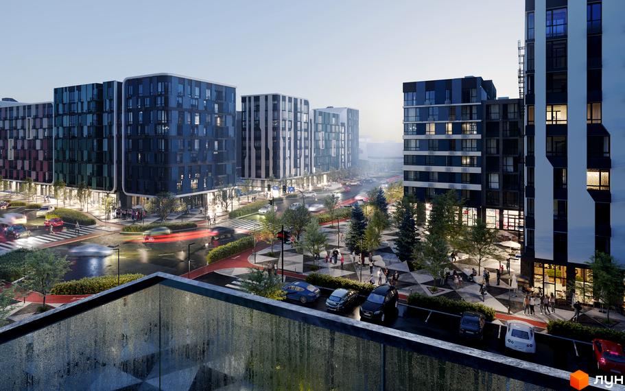 Житловий комплекс Respublika: багатоповерхові будинки з різнокольоровими фасадами, великими вікнами, вулиця з рухом транспорту та зеленими насадженнями.