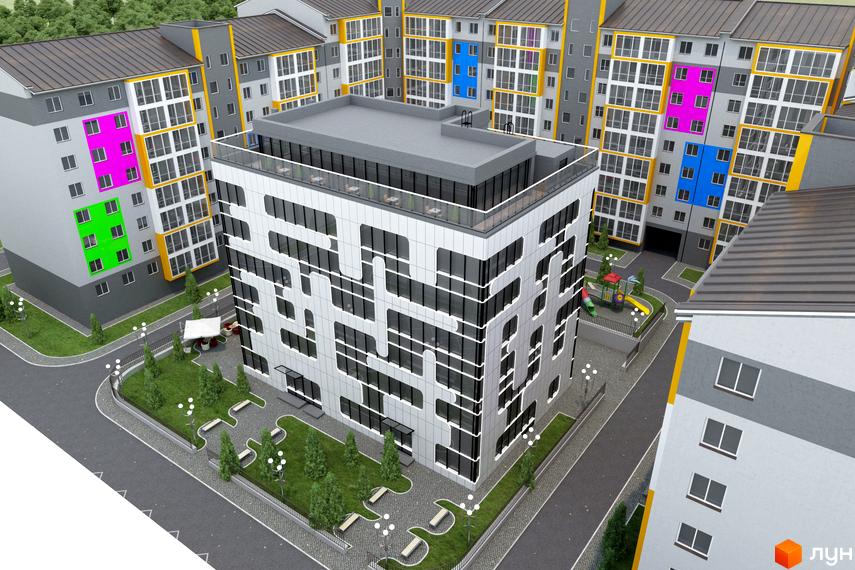 Комплекс Барський: сучасні багатоповерхові будинки з яскравими фасадами та упорядкованою прибудинковою територією з дитячим майданчиком.