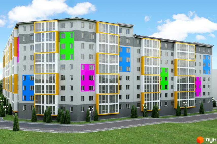 Новобудова ЖК Барський з яскравими кольоровими вставками та великими вікнами. Навколо будинку зелена галявина, доглянуті дерева та асфальтована дорога.