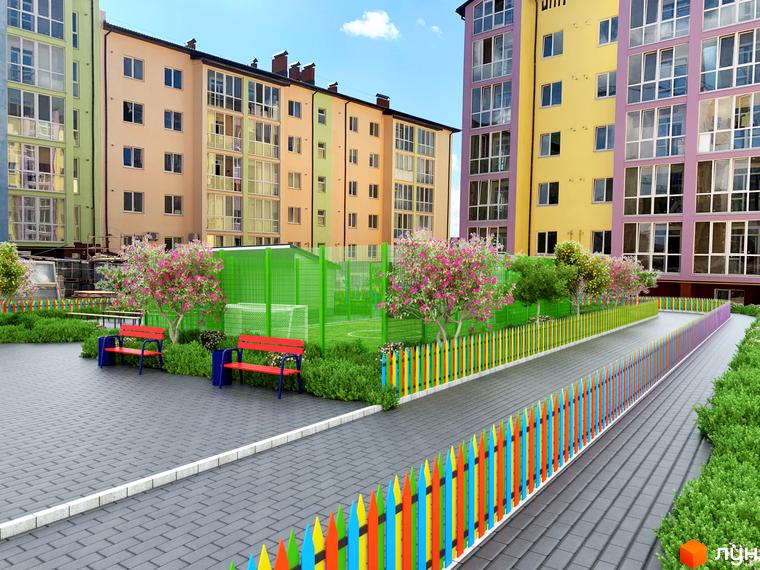 Житловий комплекс Барський: фасади багатоповерхових будинків у яскравих кольорах та зелений дитячий майданчик з парканом. На території комплексу розташовані лавочки та дерева.