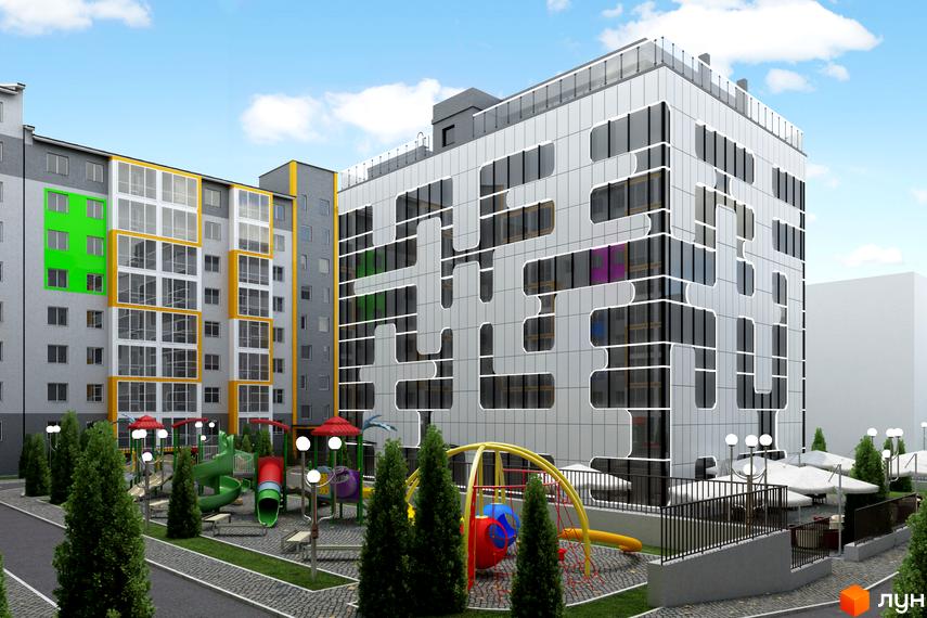 Житловий комплекс Барський – це сучасна новобудова з яскравим фасадом та великою кількістю вікон. На прибудинковій території розташований дитячий майданчик з гірками та гойдалками.