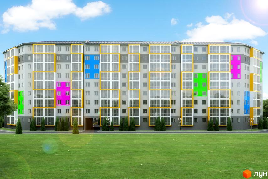 Житловий комплекс Барський - це багатоповерхова новобудова з яскравими кольоровими вставками на фасаді та великими вікнами. Навколо будинку розташований зелений газон та дерева.