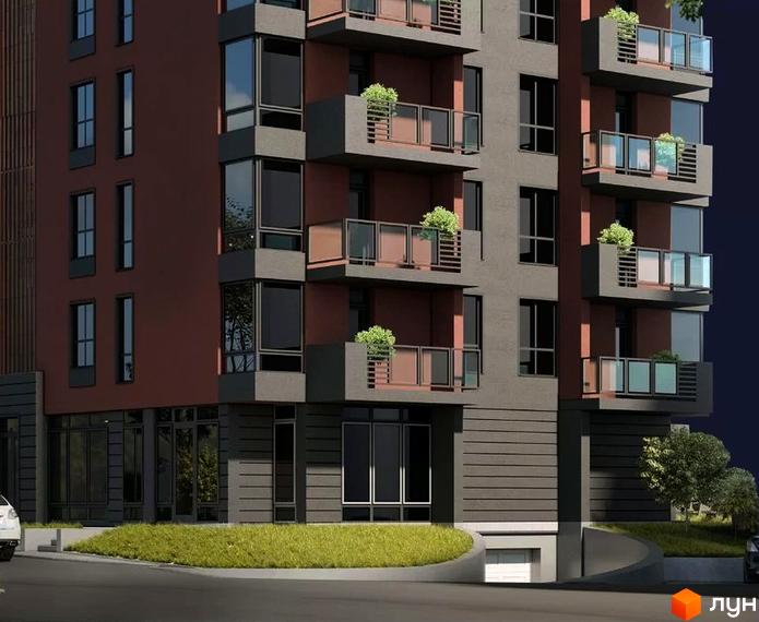 Фасад житлового комплексу Lake Club з балконами та великими вікнами, зелена прибудинкова територія з деревами та травою.