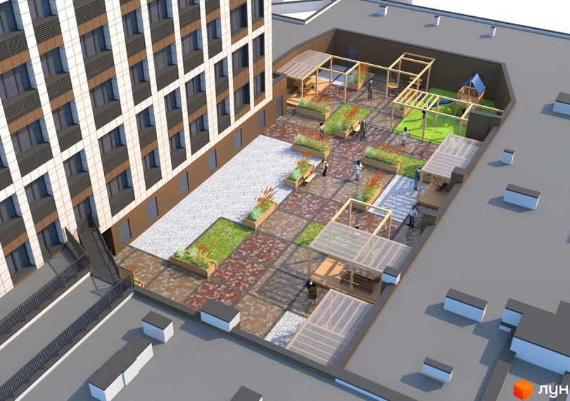 Житловий комплекс Victory Hall. Багатоповерховий будинок з фасадом у світлих тонах. На прибудинковій території розташовані зони відпочинку, дитячий майданчик та зелені насадження.