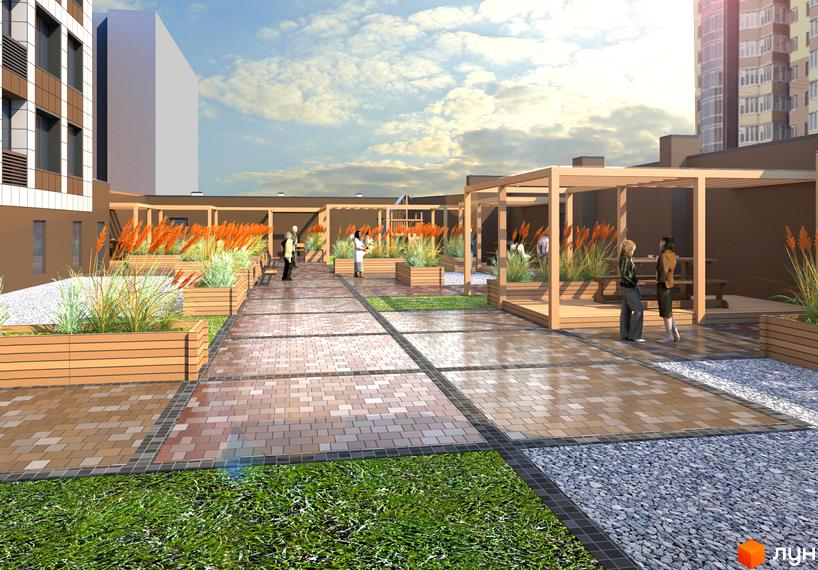 Житловий комплекс Victory Hall з терасами та зеленими насадженнями. Простора прибудинкова територія з зонами відпочинку.