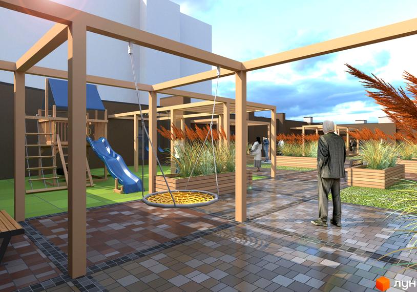 Житловий комплекс Victory Hall: світлий багатоповерховий будинок та облаштована прибудинкова територія з дитячим майданчиком, гойдалками та зеленими зонами.