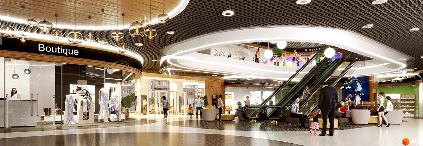 Інтер'єр торгового центру з магазинами, ескалатором та людьми. Вигляд зсередини будівлі.