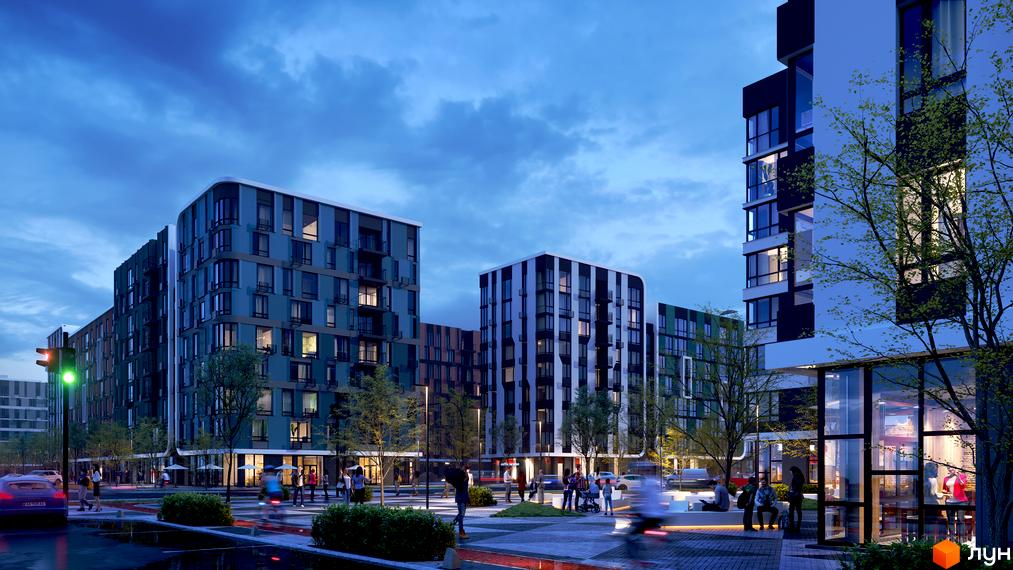 Житловий комплекс Respublika з багатоповерховими будинками, що мають різні фасади та великі вікна. На передньому плані видно вулицю з пішоходами, деревами та освітленням.