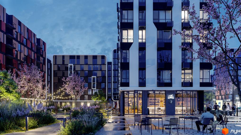 Новобудова Respublika з багатоповерховими житловими будинками та освітленою прибудинковою територією, де є квітучі дерева і відкрите кафе.