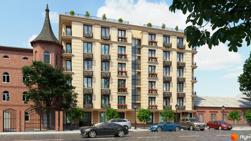 Житловий комплекс Будинок на Маланова. Фасад будівлі з балконами та квітами, поруч прибудинкова територія з деревами та автомобілями.