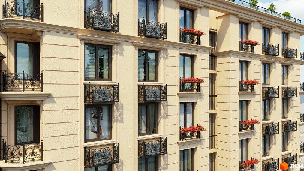 Фасад житлового комплексу Будинок на Маланова з балконами та квітами. Зовнішній вигляд будівлі з вікнами та декоративними елементами.
