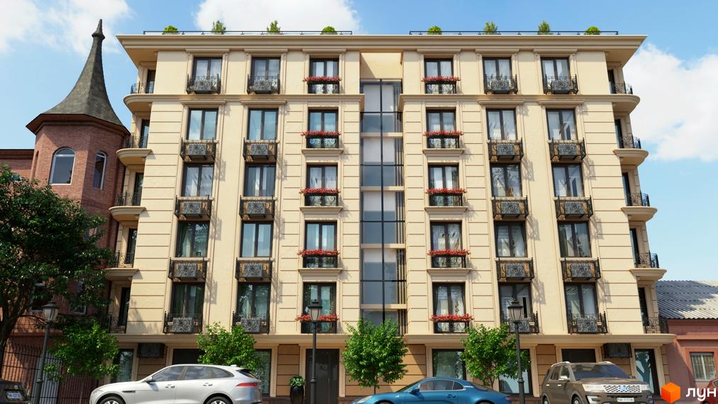 Будинок на Маланова - це житловий комплекс з елегантною фасадною частиною, балконами з кованими елементами та квітами, що доповнюється зеленою прибудинковою територією та автомобілями на фоні.